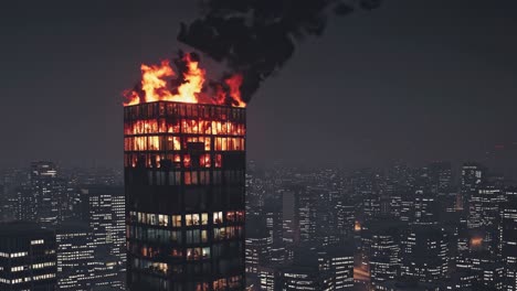 huge flames and black smoke rising from the burning roof of a skyscraper in the city center at night, creating a dramatic and devastating scene