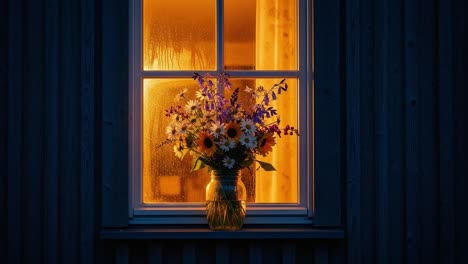 A Charming Floral Display in a Sunlit Window, Framed by Raindrops and Illuminated by Soft Evening Light in an Inviting Home Environment
