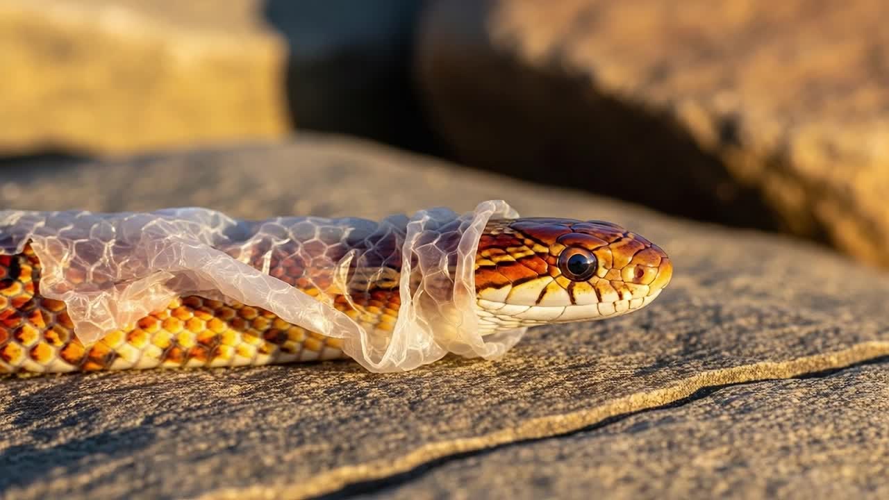 A close-up view of a colorful snake partially wrapped in a translucent shed skin, resting on a smooth rock surface under warm sunlight, showcasing its intricate patterns and textures