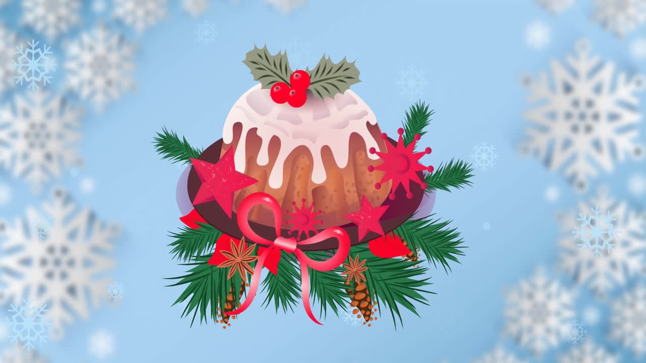 animación de un pastel de navidad sobre un fondo azul