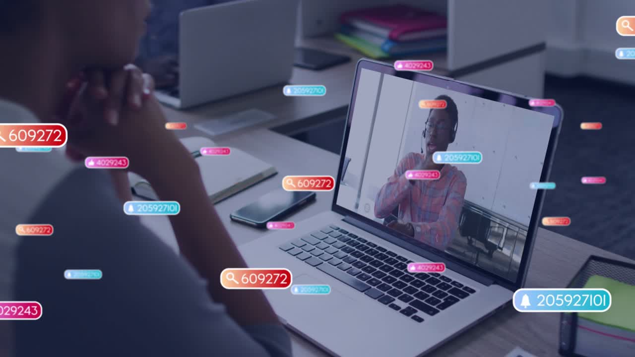 Viewer viewing business laptop as host speaking and generating UI tags over scene, learning