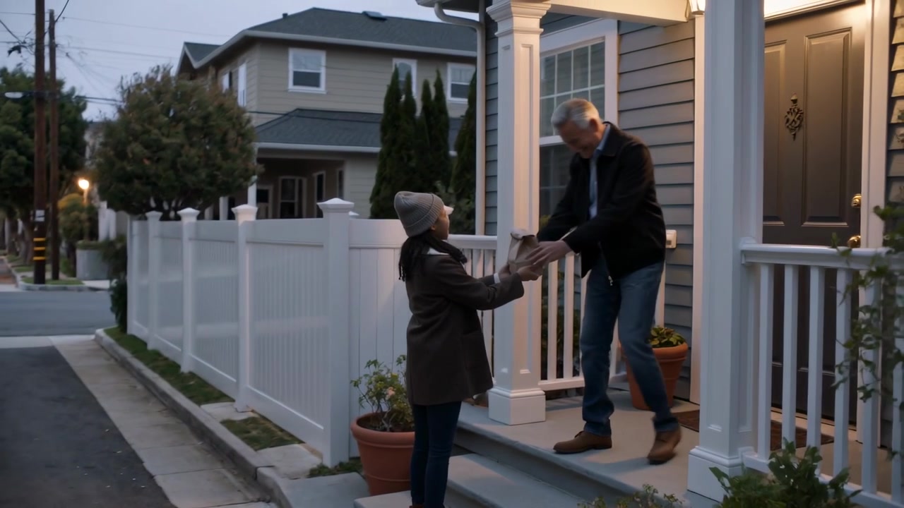 Walking woman wearing beanie carrying brown package from road, delivering parcel to man on porch