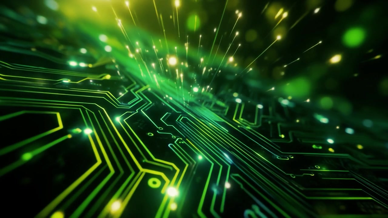 Abstract Digital Circuit Board with Glowing Green Data Streams