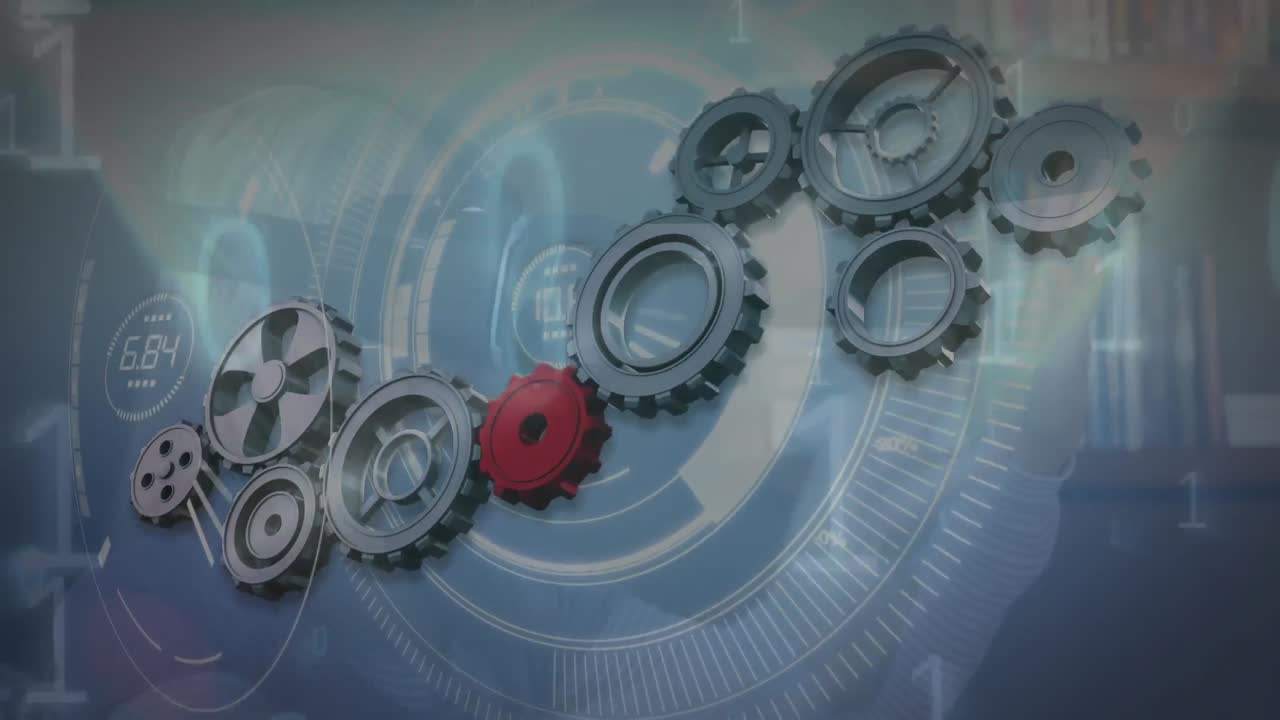 animación de una red de engranajes que giran sobre la codificación binaria