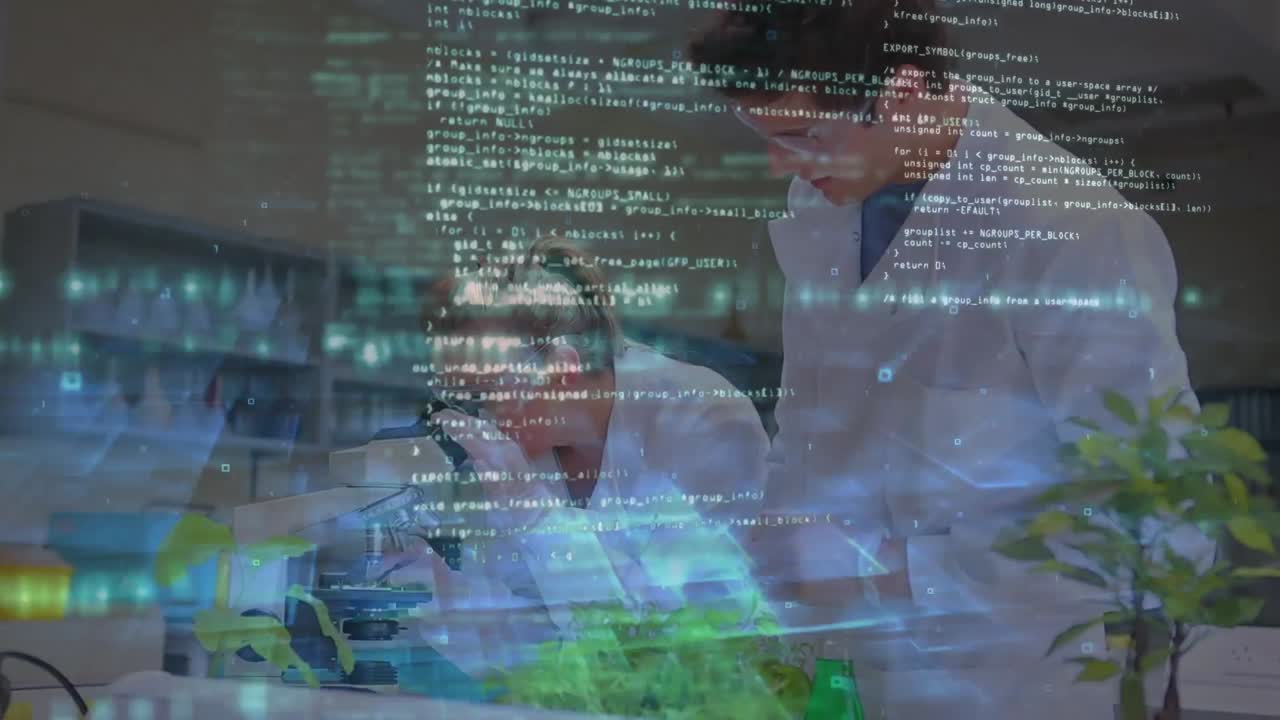 Animation of data processing over diverse scientists in lab cityscape
