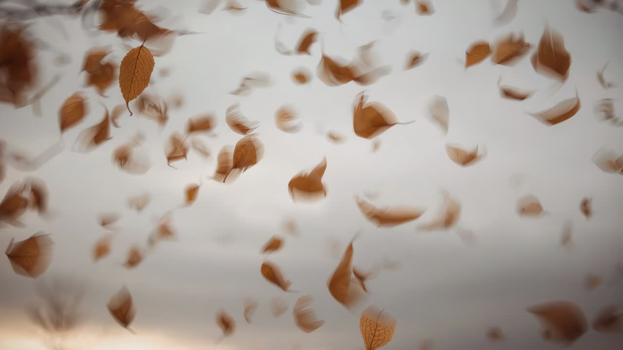 Gusting wind swirling autumn leaves outdoors around bare tree into cluster shifting wind scattering