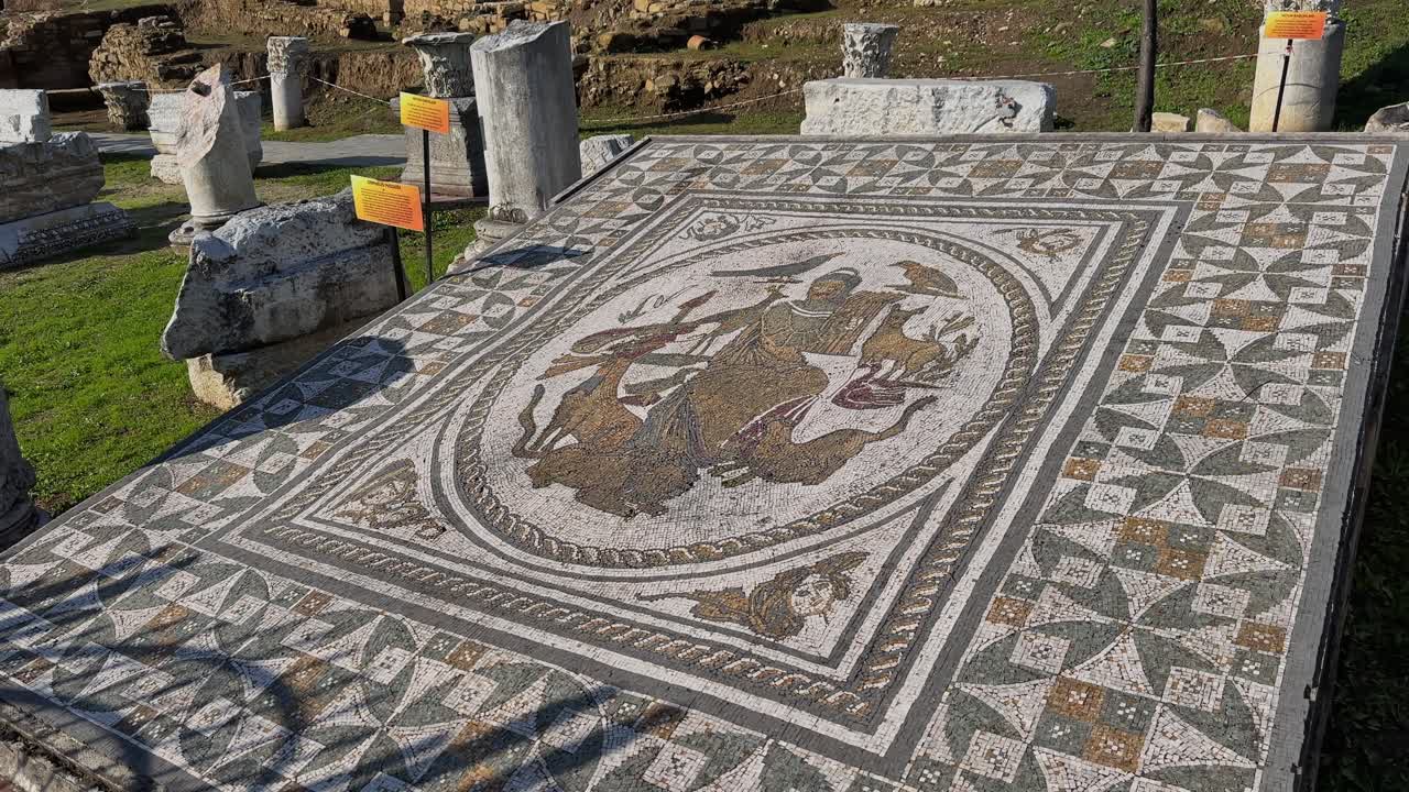 4K video of the well-preserved Roman floor mosaic depicting Orpheus playing the lyre. Located in the Prusias ad Hypium ancient city in Duzce, Turkey