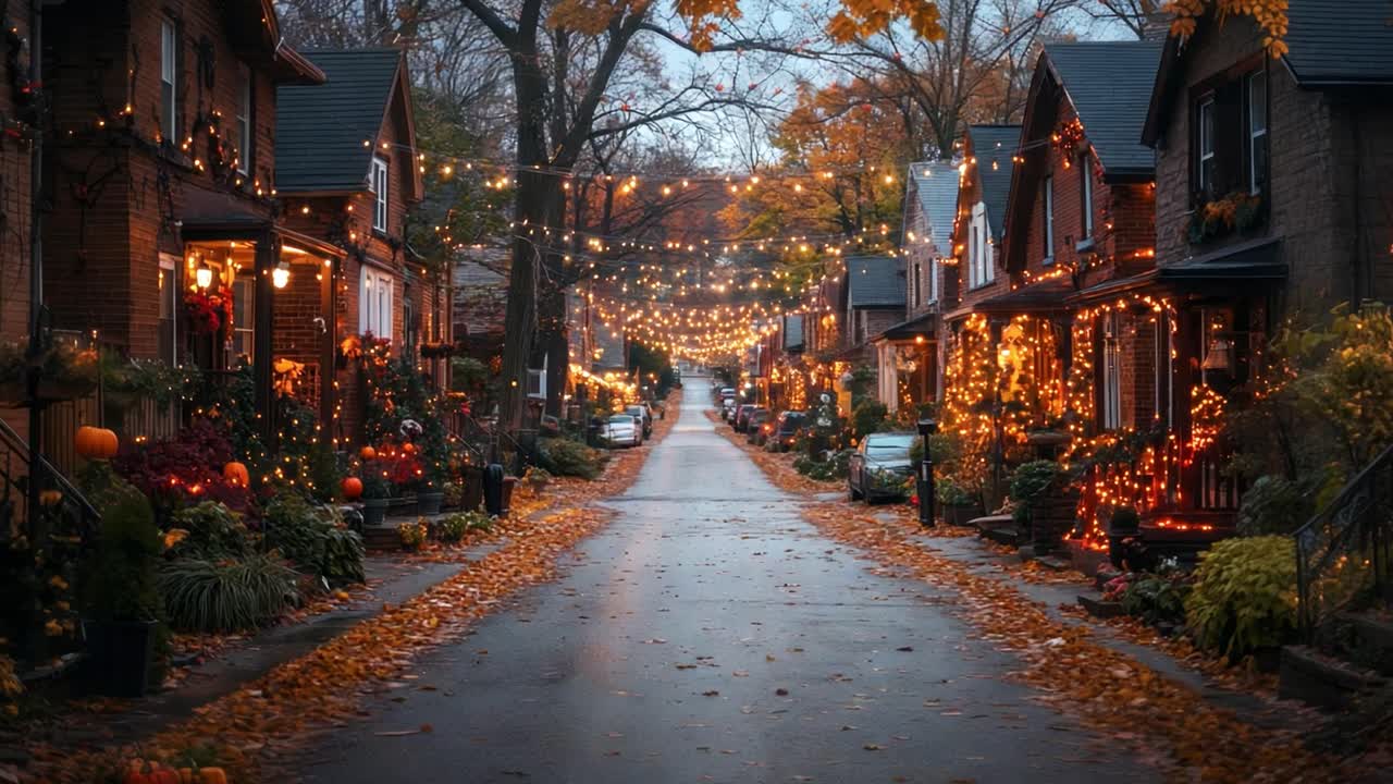 Street view of a neighborhood decorated with Christmas lights in autumn
