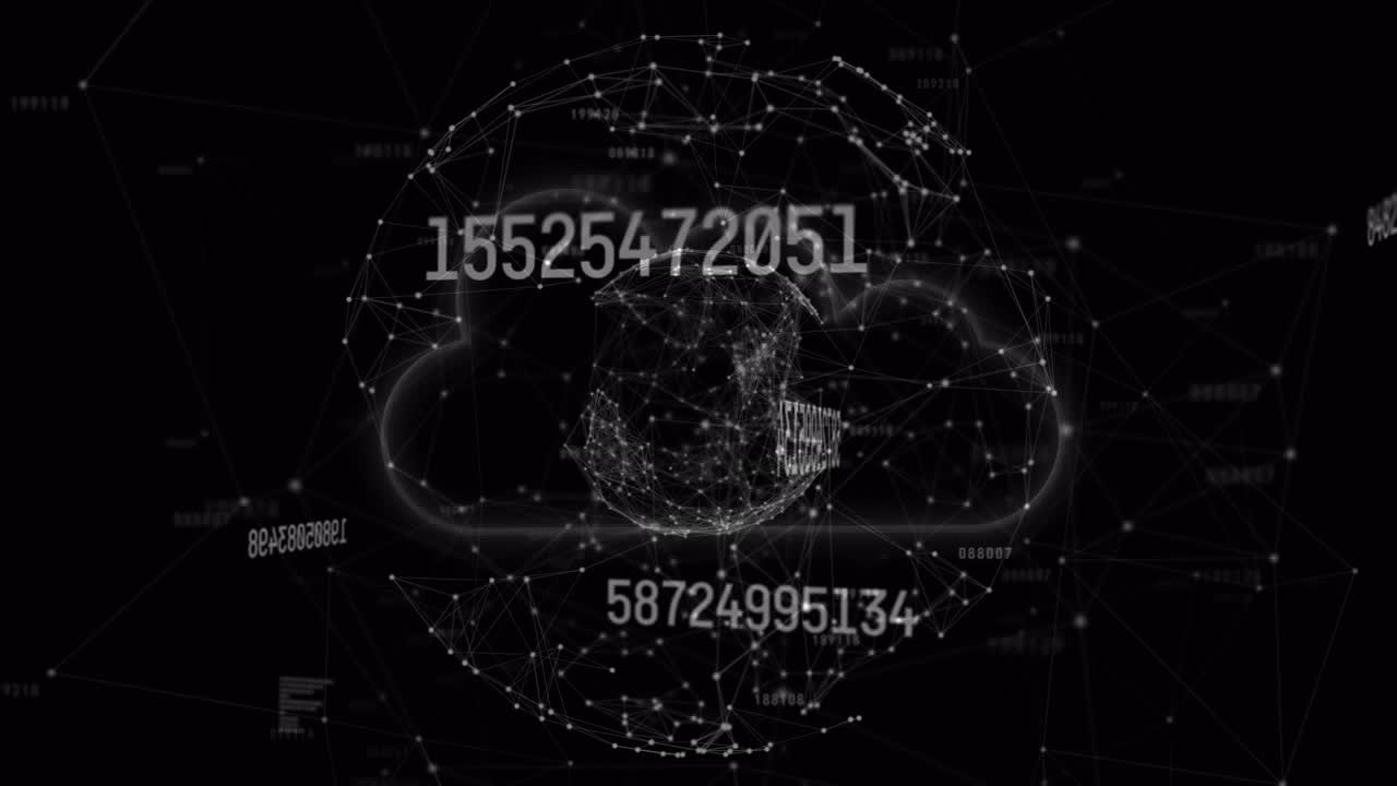 Animation of cloud icon over rotating globe with network of connections and data processing on black