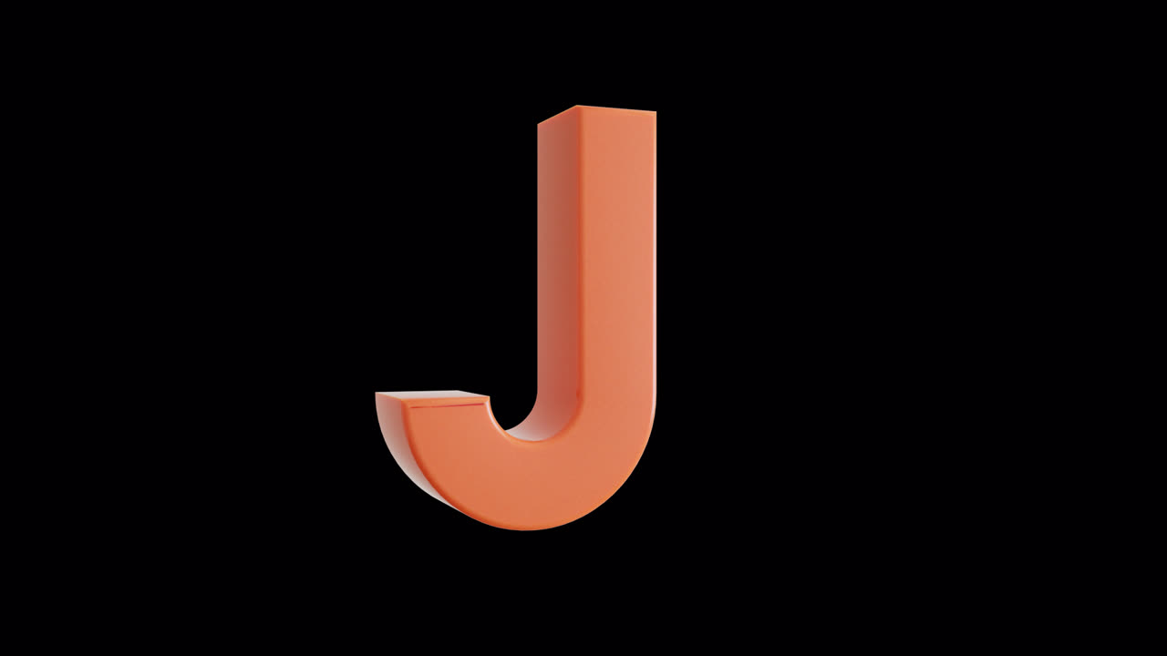 Lettera J arancione 3D rotante su sfondo nero.