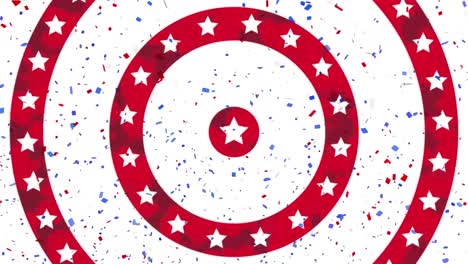 animation of circles spinning with american flag  stars and stripes with confetti falling