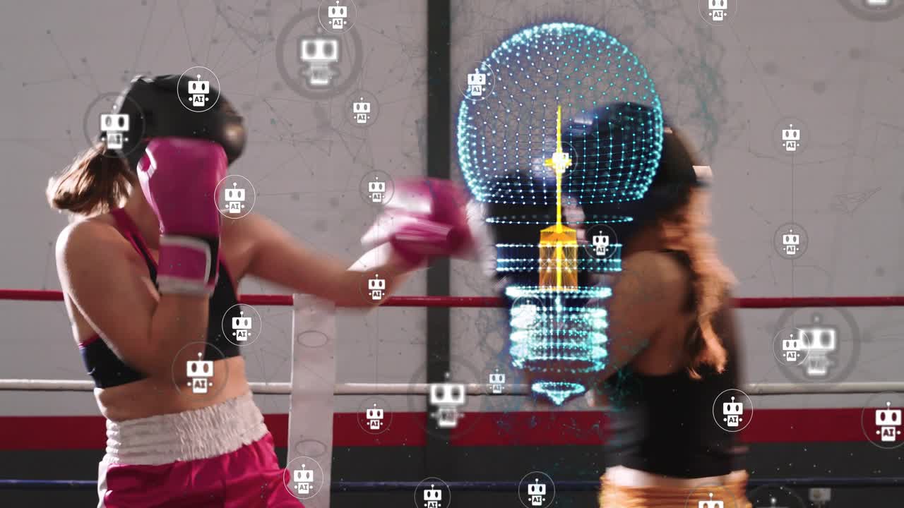 Two women sparring in boxing training, holo blue-yellow lightbulb appearing and guiding punches