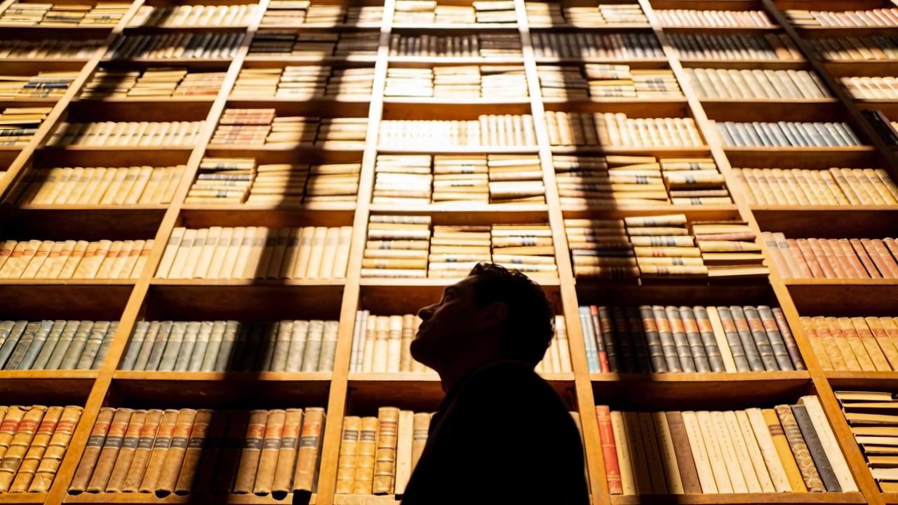 Luce calda cangiante, uomo con la giacca che inclina la testa scrutando gli scaffali in biblioteca, scala, ombre.