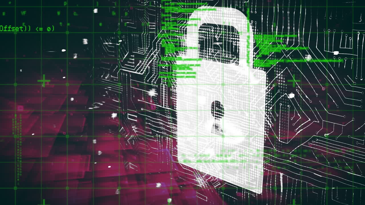 Digital animation of security padlock icon and data processing on pink background