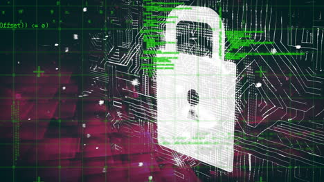 animación digital del icono de candado de seguridad y procesamiento de datos sobre fondo rosa
