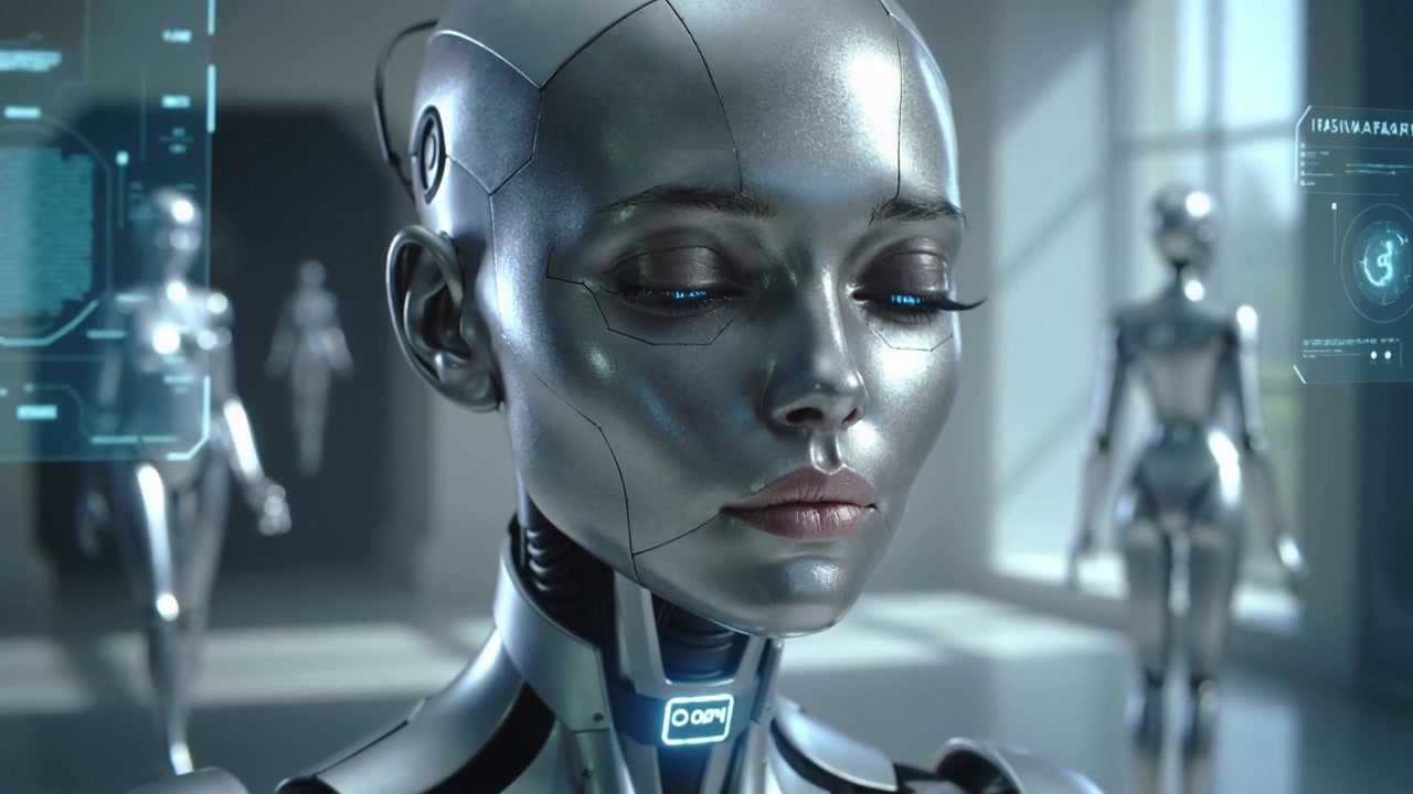 Ricevendo un segnale di test, un androide femmina entra in modalità standby in una baia di test, con un pannello olografico.
