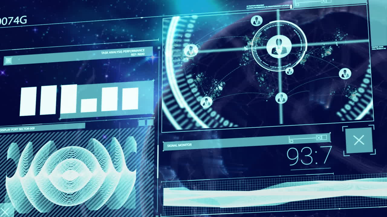 Animation of screen with data processing over globe