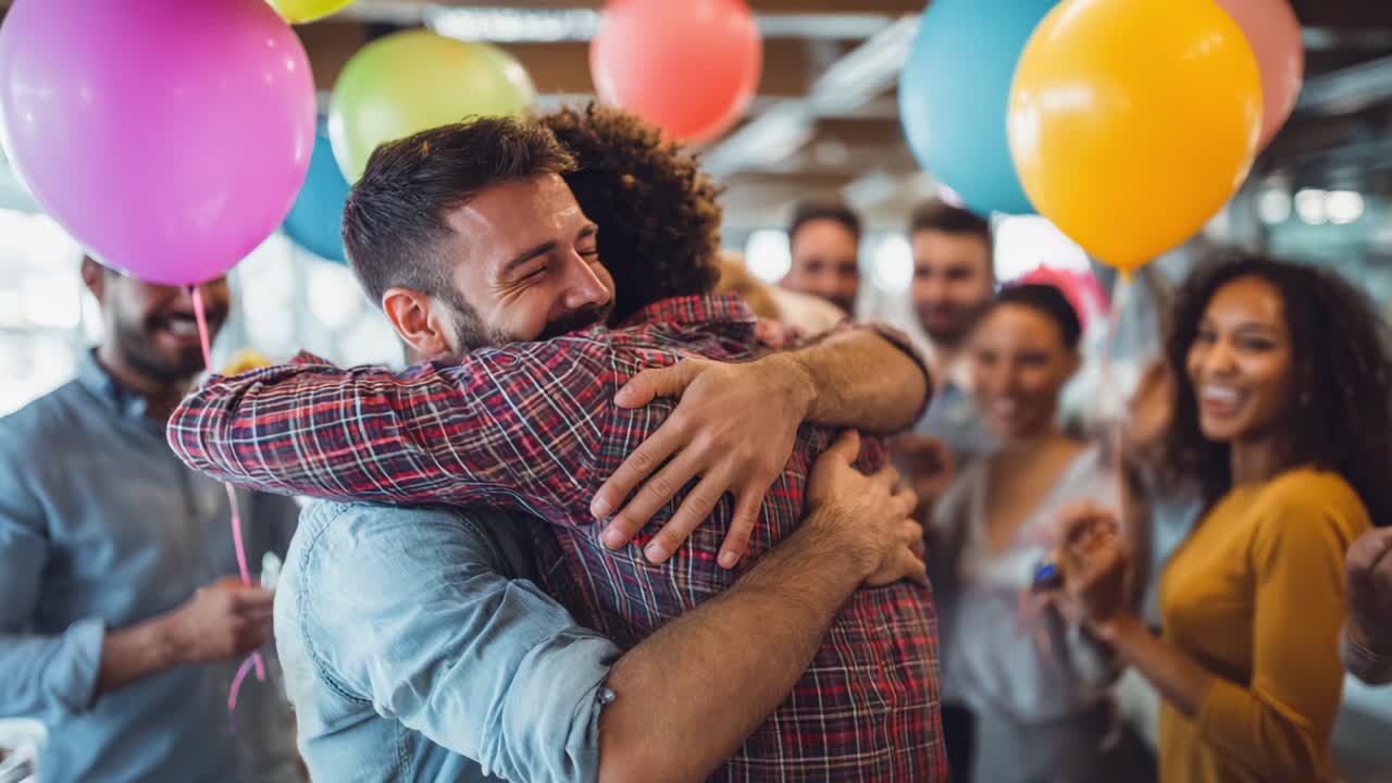 Joyous Celebration Moment: Two Friends Embrace in a Festive Atmosphere Surrounded by Colorful Balloons and Cheerful Party Guests, Capturing a Heartwarming Connection at a Fun Gathering
