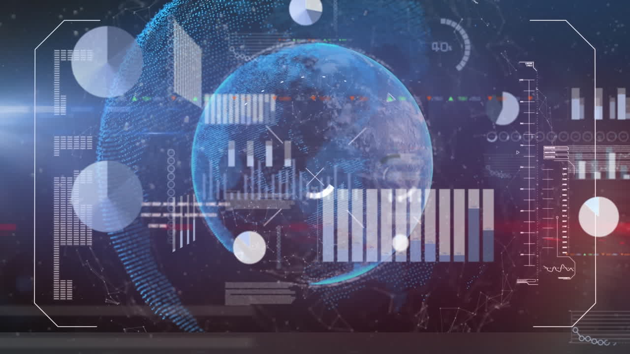 Animation of multiple graphs, trading board over connected dots around globes
