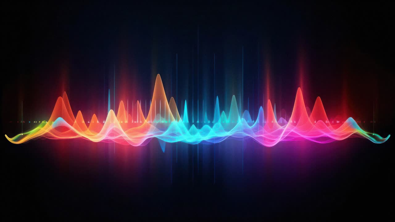 Colorful waveforms in a 3D abstract style, viewed from a low angle, creating a dynamic