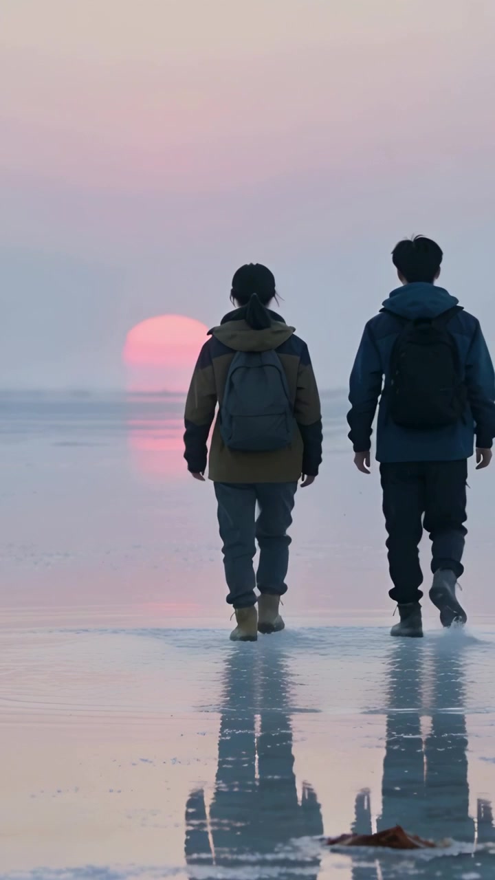 Vertical video: Walking pair in jackets with packs crossing shore at low tide toward sun reflection