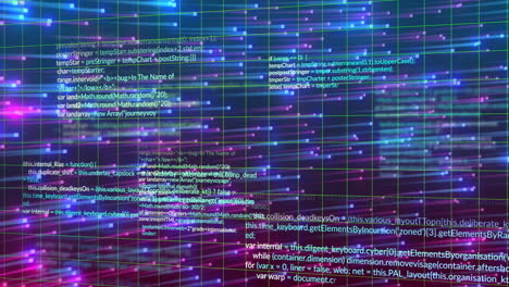 programming code and data processing animation over colorful digital grid background