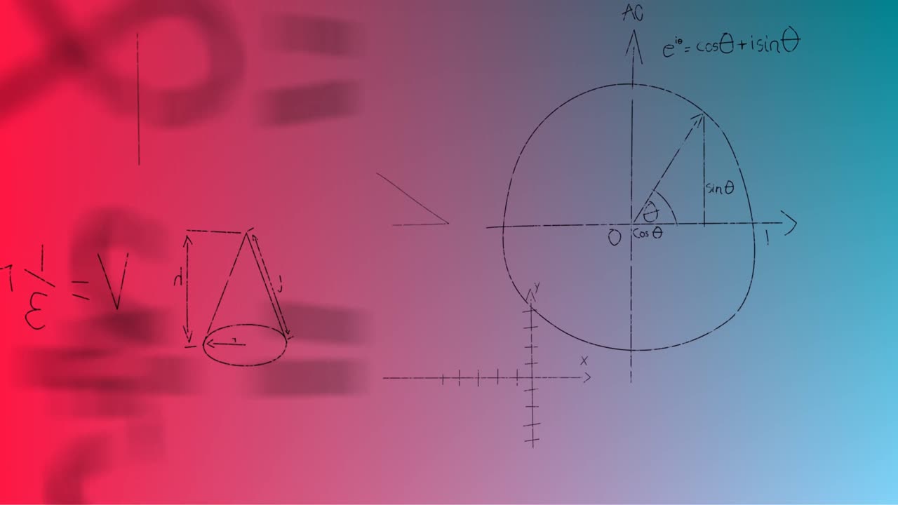 파란색에서 빨간색 배경 위에 손으로 쓴 수학 수식의 애니메이션