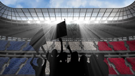 animation of silhouettes of sports fans cheering with french flag over sports stadium