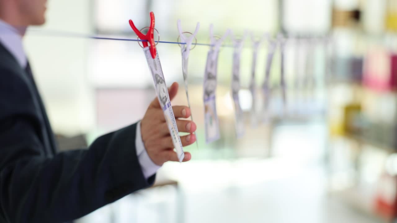 A person's hand handling dollar bills hung on a line, symbolizing money laundering