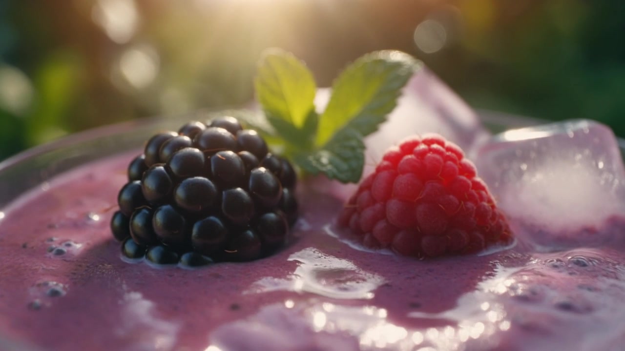 Primo piano di un frullato fresco di frutti di bosco con ghiaccio e menta