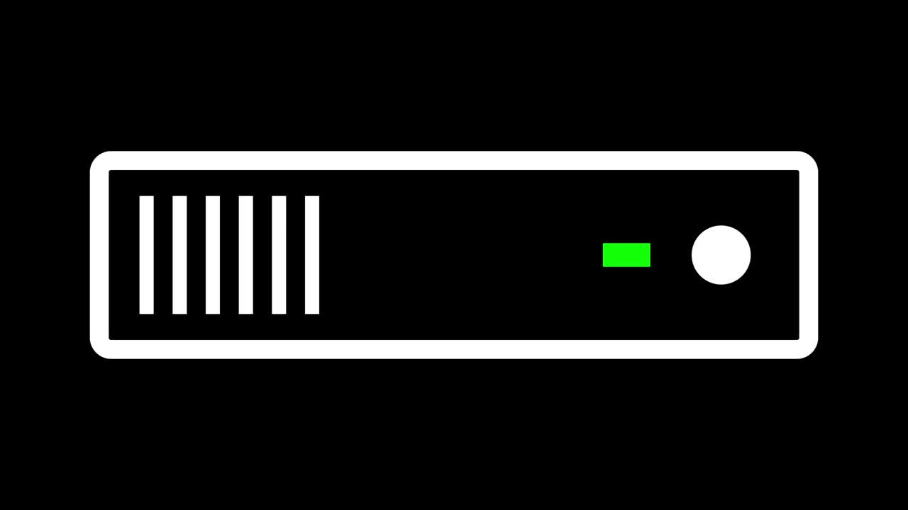 luz de alimentación parpadeante en un servidor montado en rack (bucle sin costuras, color blanco sobre fondo negro)