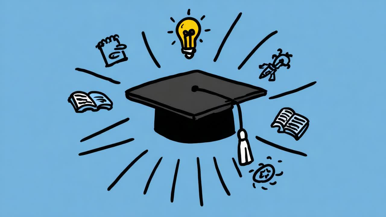 A visual representation of academic achievement, showcasing a graduation cap surrounded by symbols of knowledge, creativity, and inspiration against a vibrant blue background