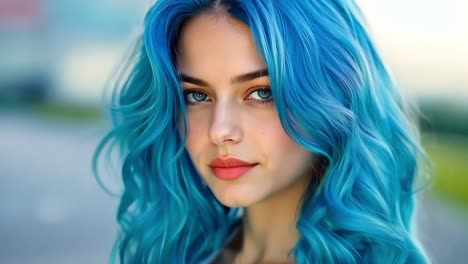 una mujer con cabello azul está posando para una foto