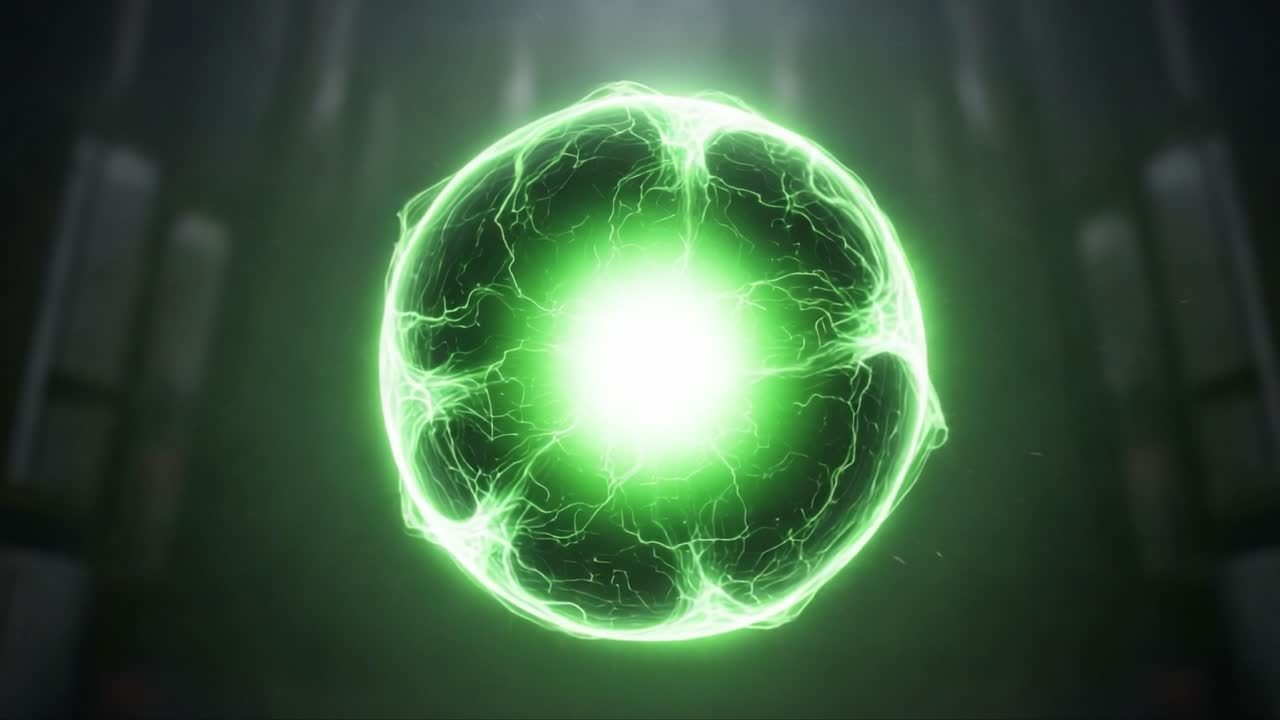 Dynamic Visual Representation of a Green Energy Ball Pulsating with Electric Sparks and Light, Capturing the Essence of Energy and Motion in a High-Tech Environment