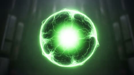 Dynamic Visual Representation of a Green Energy Ball Pulsating with Electric Sparks and Light, Capturing the Essence of Energy and Motion in a High-Tech Environment