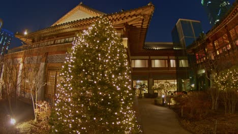 Korean-asian-traditional-national-park-architecture-buildings-in-the-evening-night-city-town-urban-style,-Incheon-Songdo,-Chinese,-Japanese,-oriental-skyscrapers-and-constructions-wide-angle-view