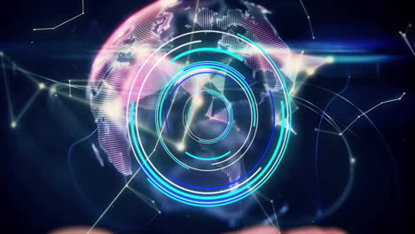 con las manos extendidas, persona que presenta una animación futurista de globo holográfico con líneas de datos
