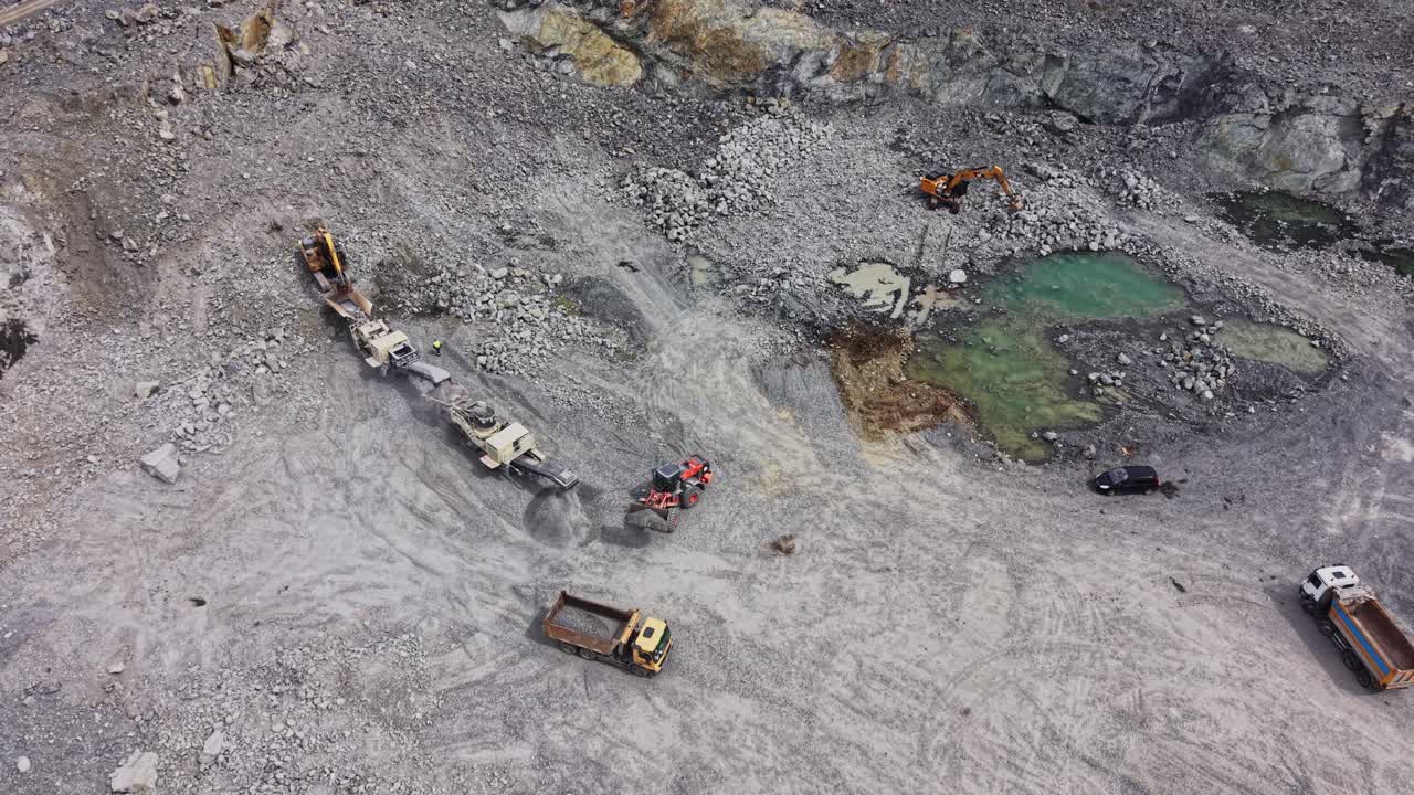 Aerial View of Heavy Machinery Working in a Large Open Pit Quarry