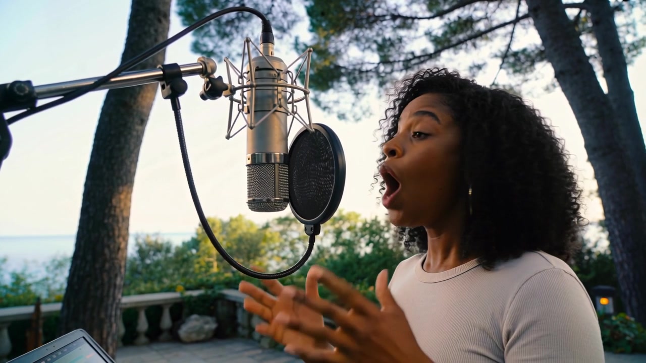 Registrazione di una cantante che indossa un top leggero in un microfono da studio su una terrazza, con un tablet che dà il segnale, spazio per il testo