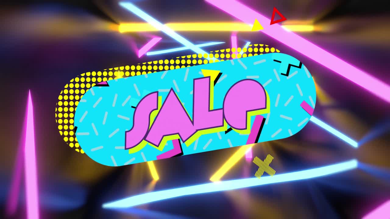 animación de texto de venta sobre banner de discurso vintage y formas de neón en fondo oscuro.