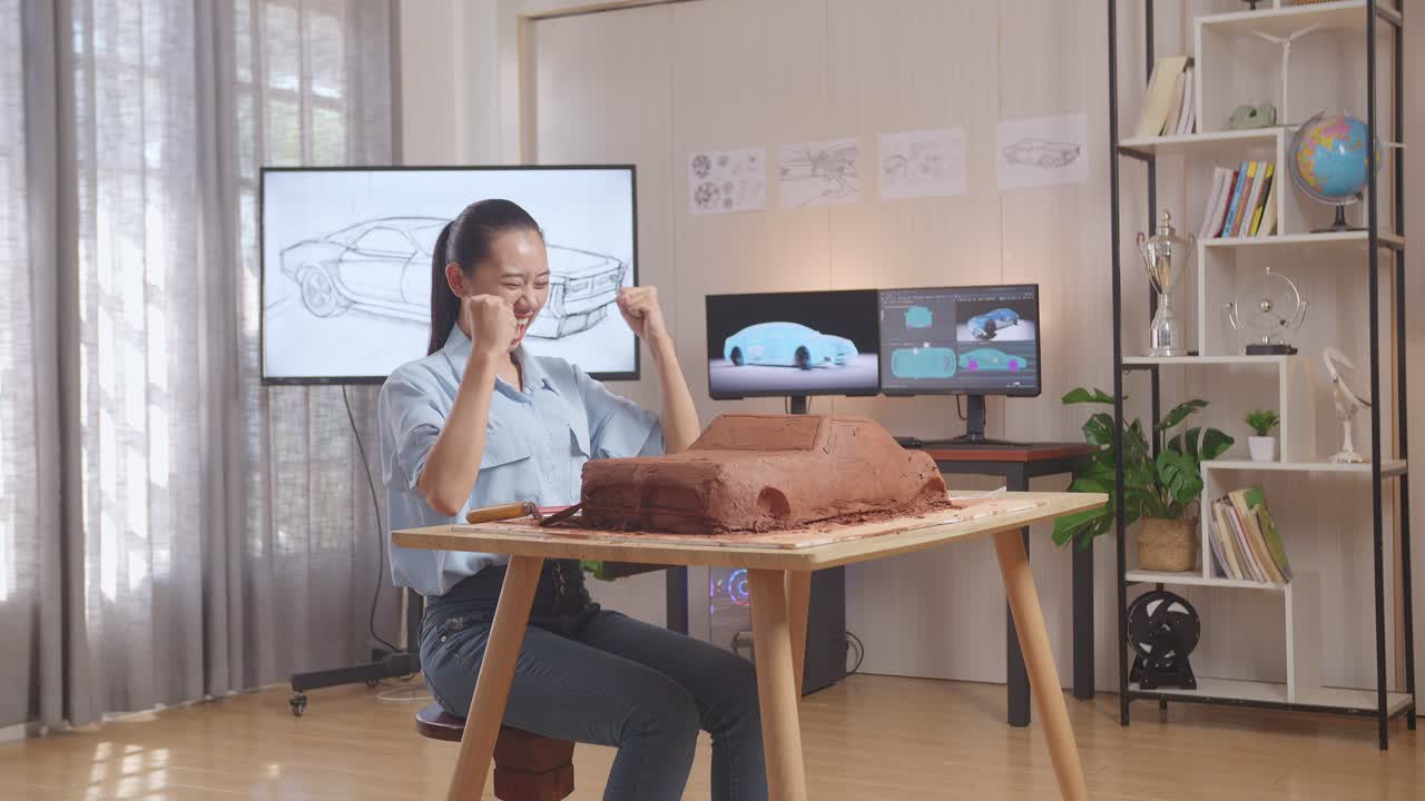 아시아 여성 자동차 디자이너가 성공을 축하하며 스튜디오에서 칼로 자동차 점토 조각을 작업하고 있습니다.