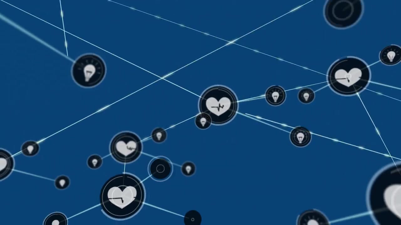 Animation eines Netzwerks von Verbindungen mit Icons vor blauem Hintergrund