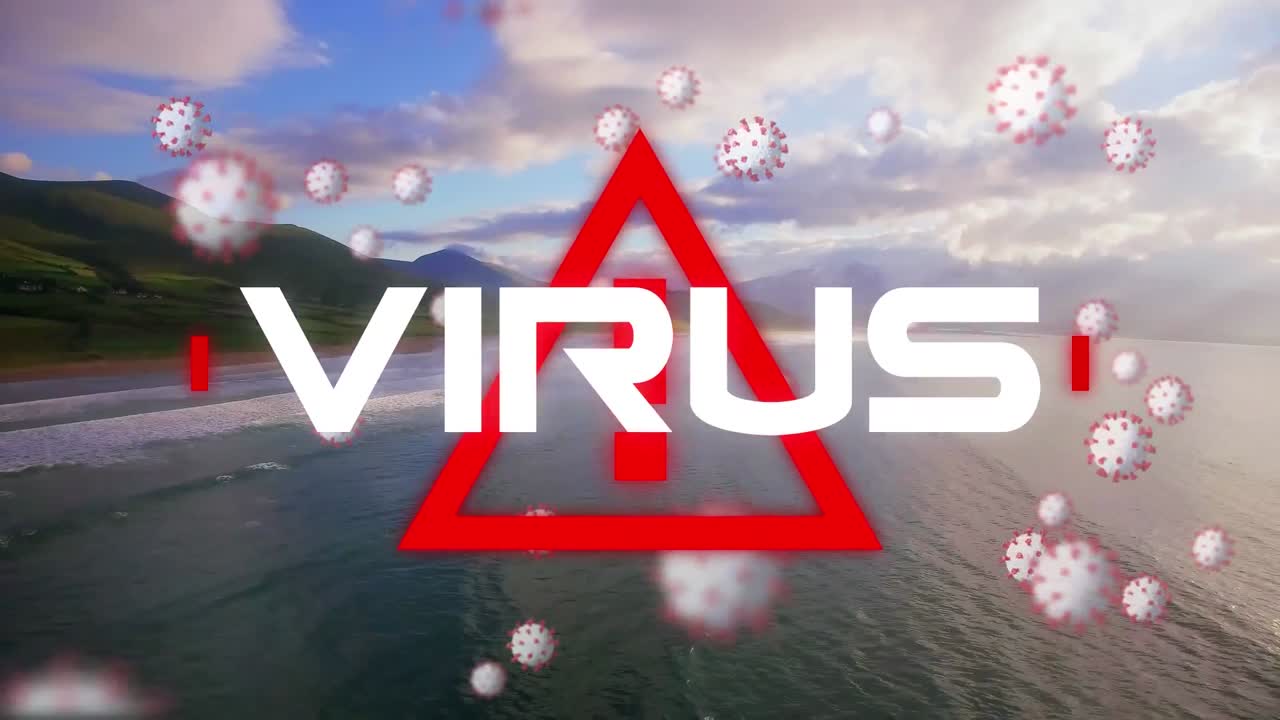 경고 표지판과 코로나19 세포가 바다를 향해 이동하는 바이러스 텍스트의 디지털 복합 비디오