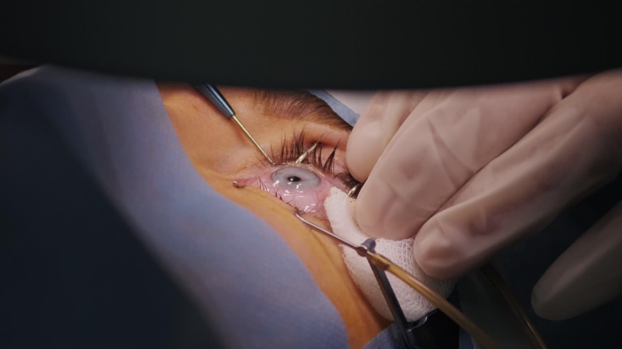 Correção da visão a laser. Paciente e equipe de cirurgiões na sala de cirurgia durante cirurgia oftálmica. Espéculo palpebral. Tratamento Lasik. Paciente sob cobertura estéril