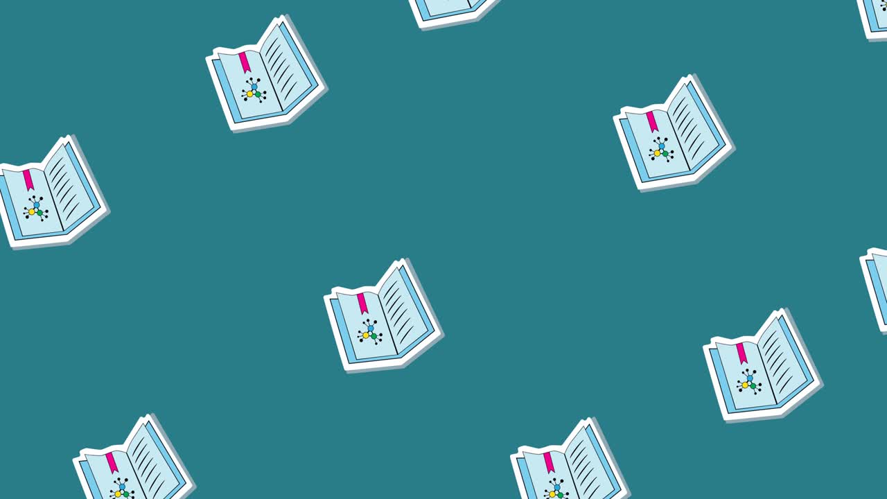 animación de libros de texto abiertos repetidos que se mueven sobre un fondo azul medio