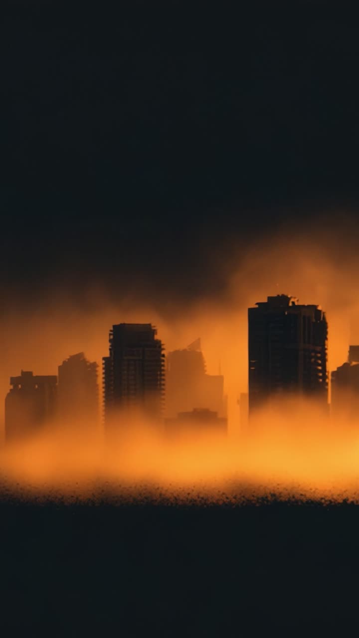 Un Paisaje Urbano Inquietante: Resaltando el Contraste entre Rascacielos Silueteados y el Resplandor Ardiente de una Nube de Polvo Envolvente al Amanecer