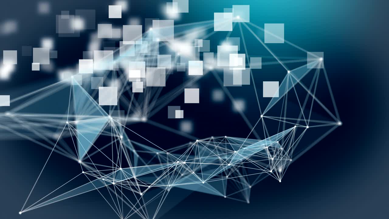 animación futurista del plexo con triángulos brillantes en objetos cuadrados de fondo en cámara lenta, 4096x2304 bucle 4k