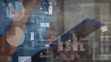 animation of financial data processing over caucasian doctor holding clipboard and taking notes