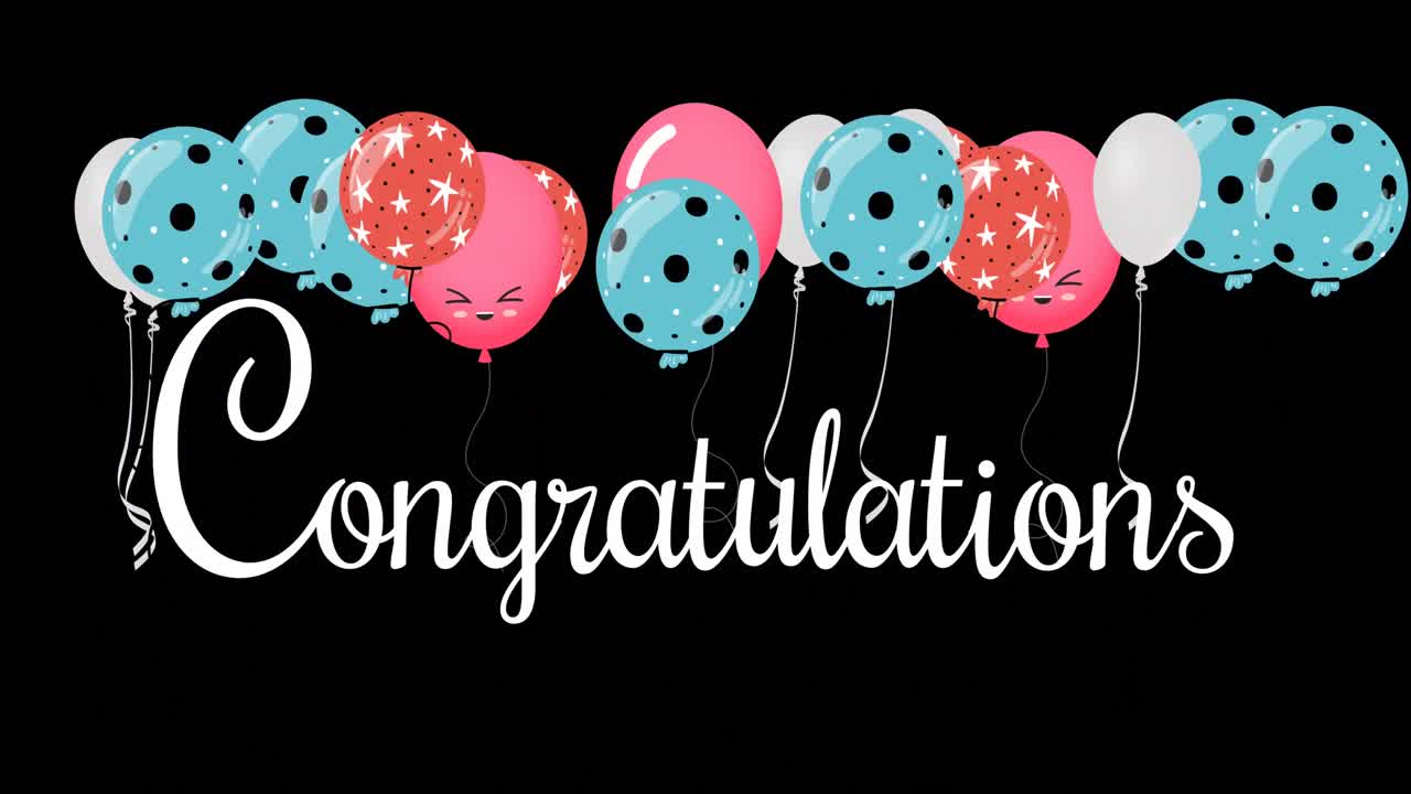 Animation of congratulations text over colorful balloons on black background