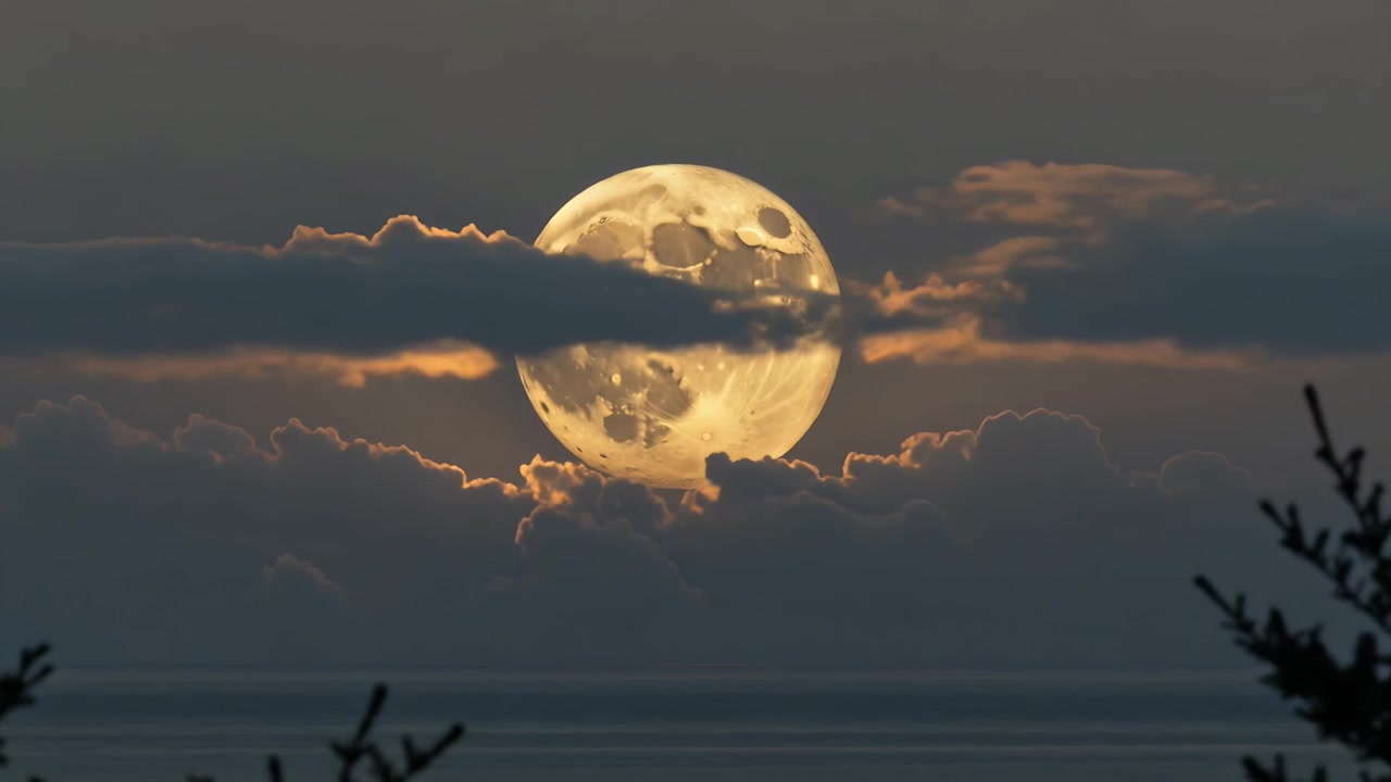 Banco de Nuvens em Movimento Revelando Lua Cheia Nascente Ascendendo Sobre o Mar ao Anoitecer, com Galhos de Coníferas